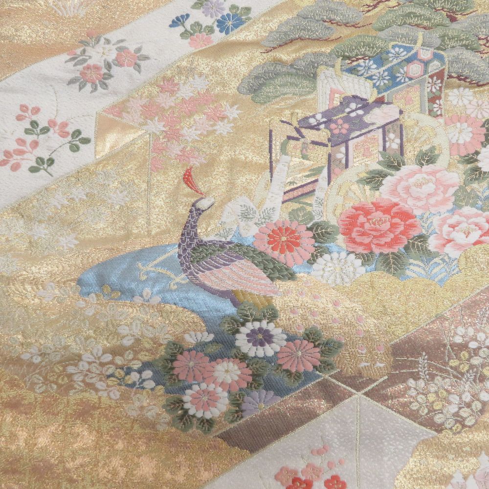 袋帯 金糸 金色x多色 花鳥平安文 御所車文様 六通柄 正絹 フォーマル 