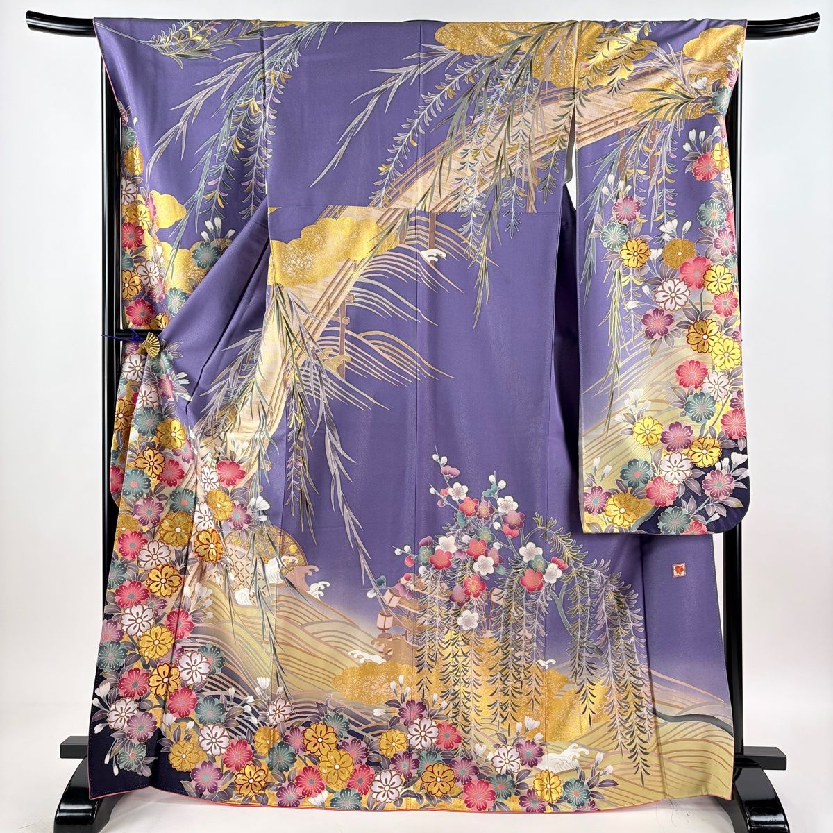 美品】 振袖 身丈169cm 裄丈67.5cm L 袷 袋帯フルセット 落款 橋 桜 銀 