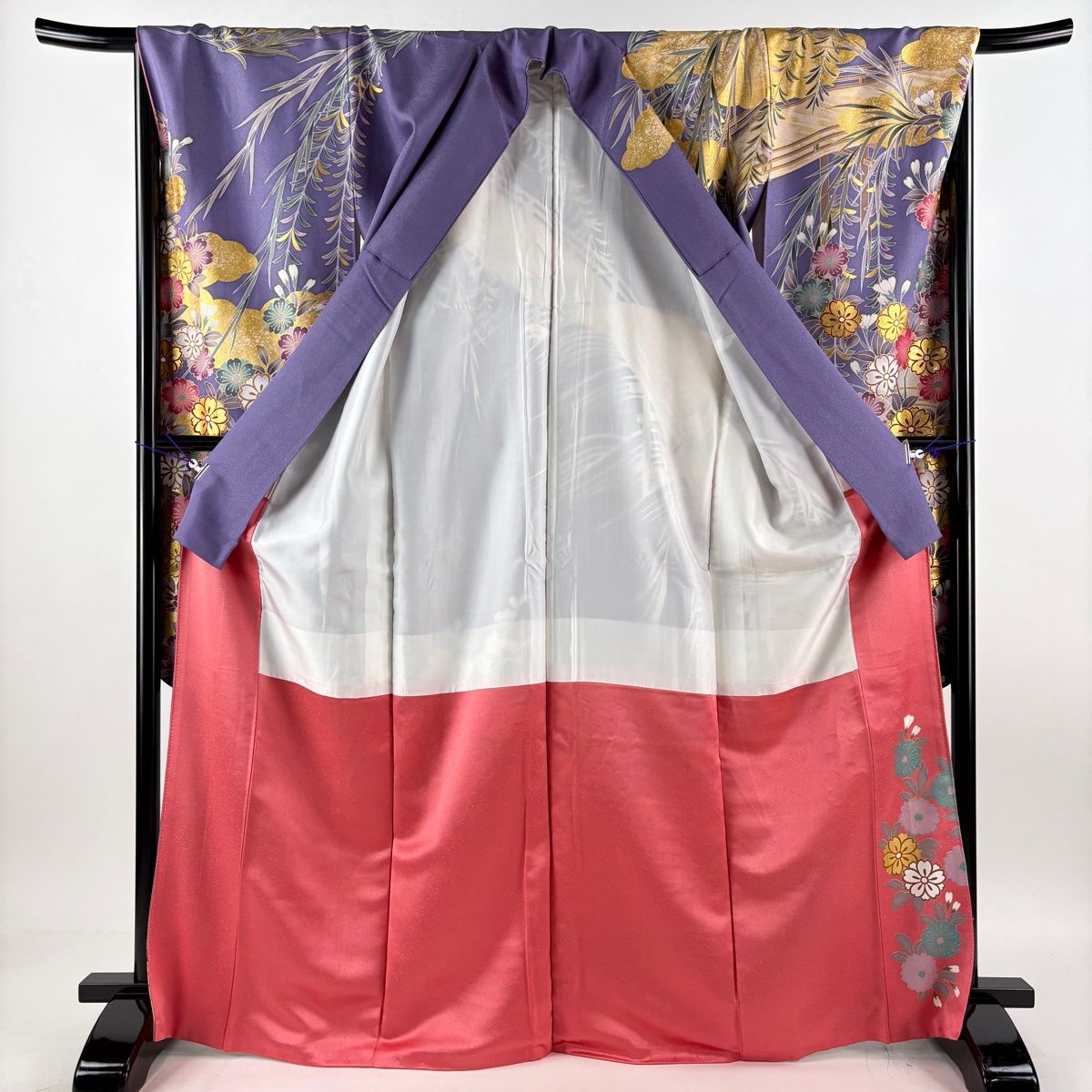 美品】 振袖 身丈169cm 裄丈67.5cm L 袷 袋帯フルセット 落款 橋 桜 銀 