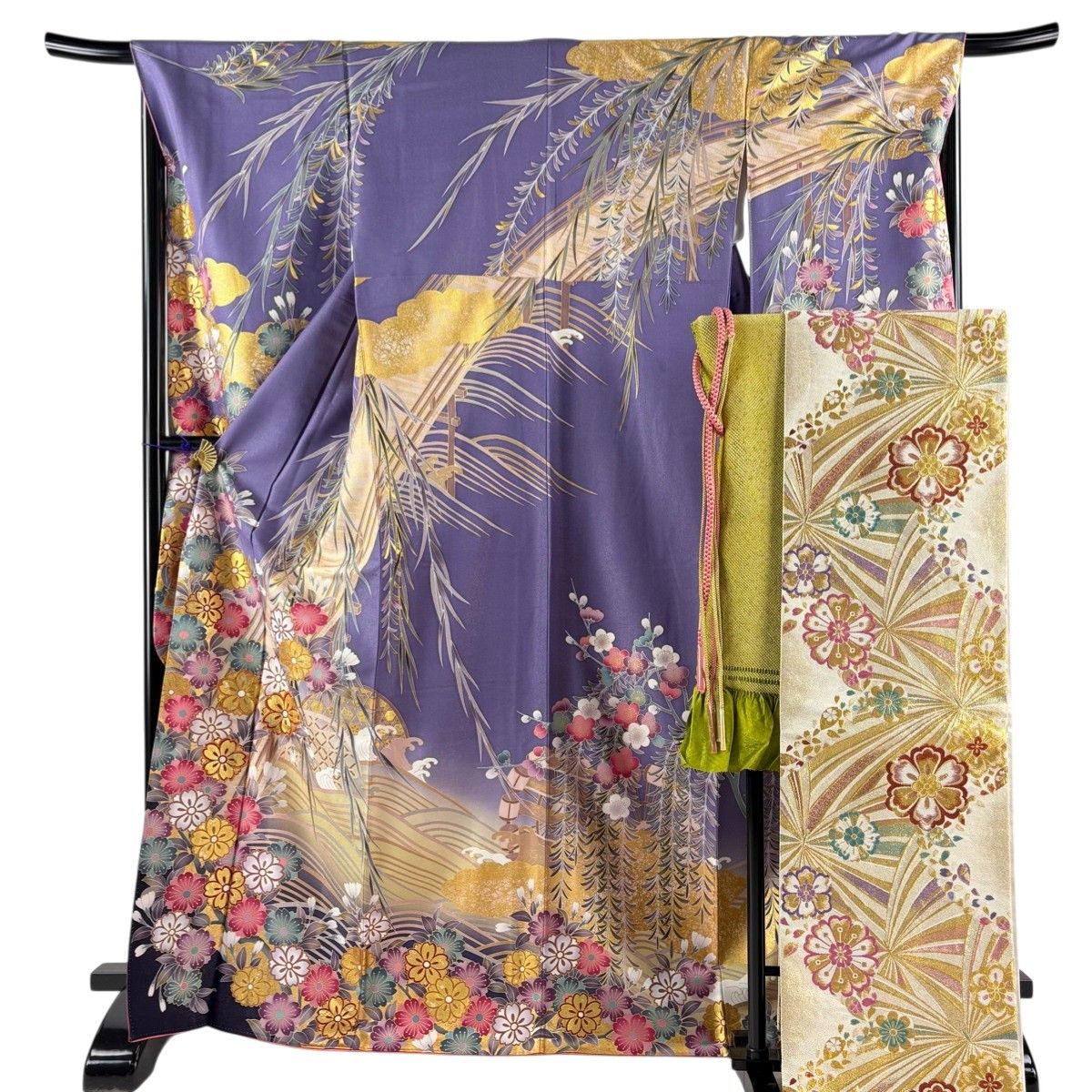 美品】 振袖 身丈169cm 裄丈67.5cm L 袷 袋帯フルセット 落款 橋 桜 銀