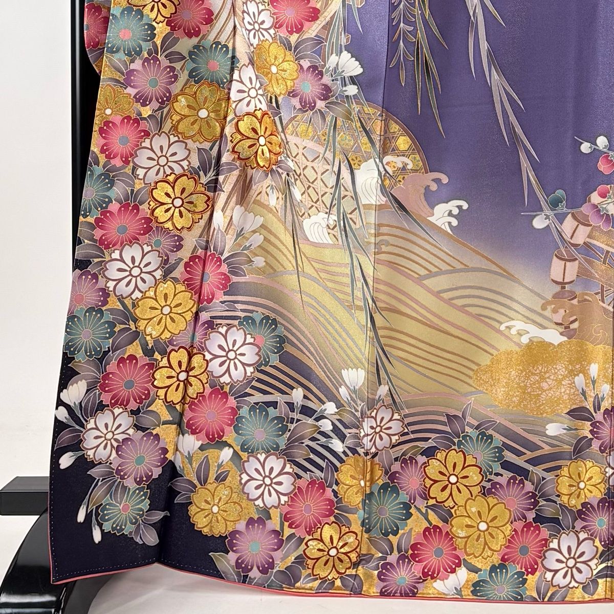 美品】 振袖 身丈169cm 裄丈67.5cm L 袷 袋帯フルセット 落款 橋 桜 銀 