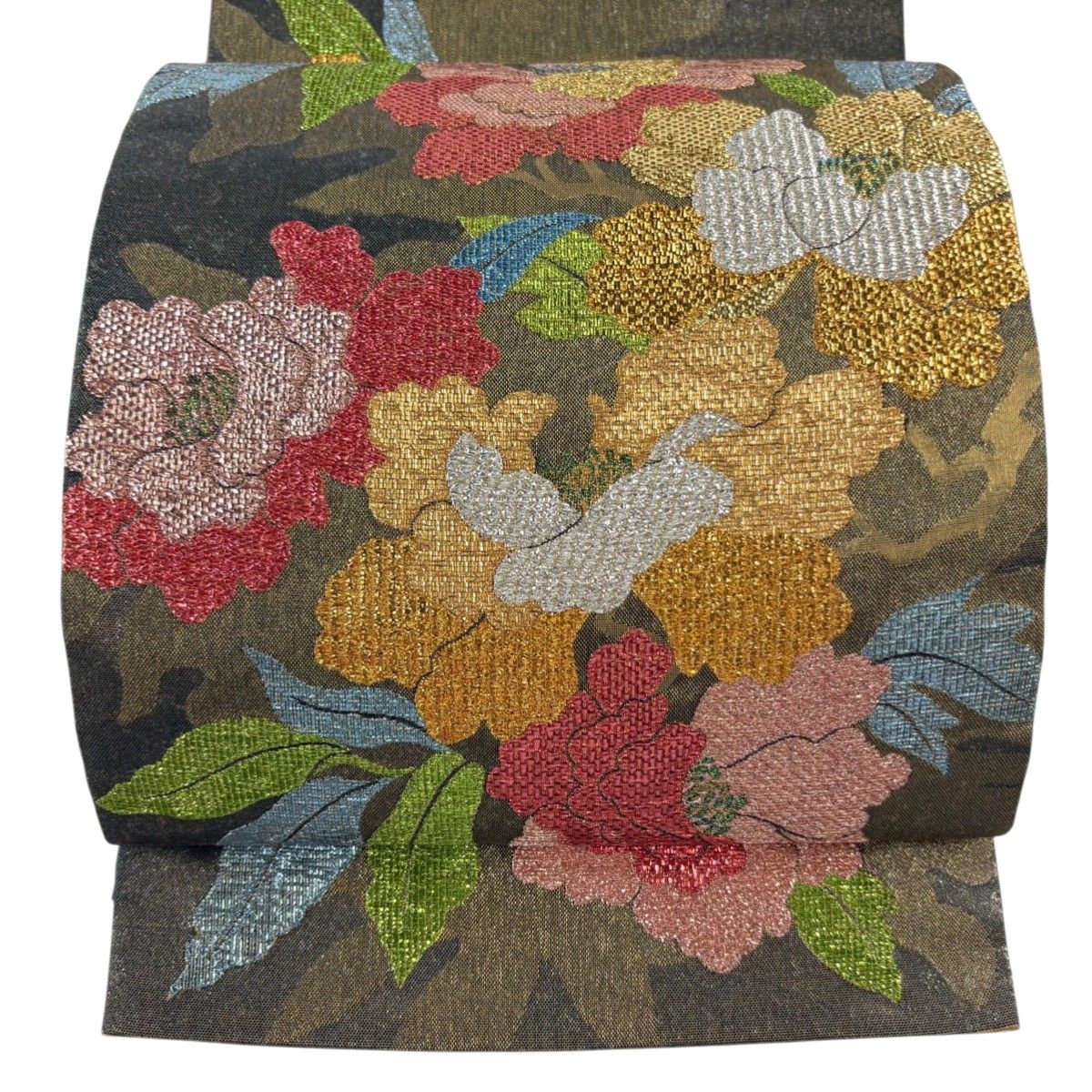 美品】 袋帯 秀品 牡丹 金糸 箔 灰緑 お太鼓柄 正絹 【中古 美品】 袋帯 秀品 牡丹 金糸 箔 灰緑 お太鼓柄 正絹 【中古
