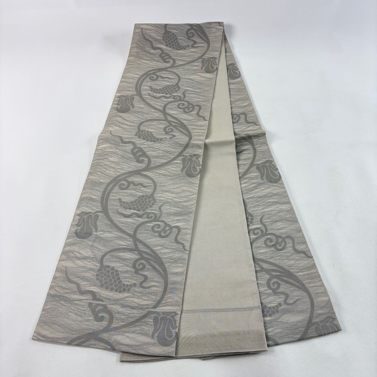 美品】 袋帯 秀品 織悦 落款 夏帯 紗 葡萄唐草 箔 灰茶 全通 美品】 袋帯 秀品 織悦 落款 夏帯 紗 葡萄唐草 箔 灰茶 全通
