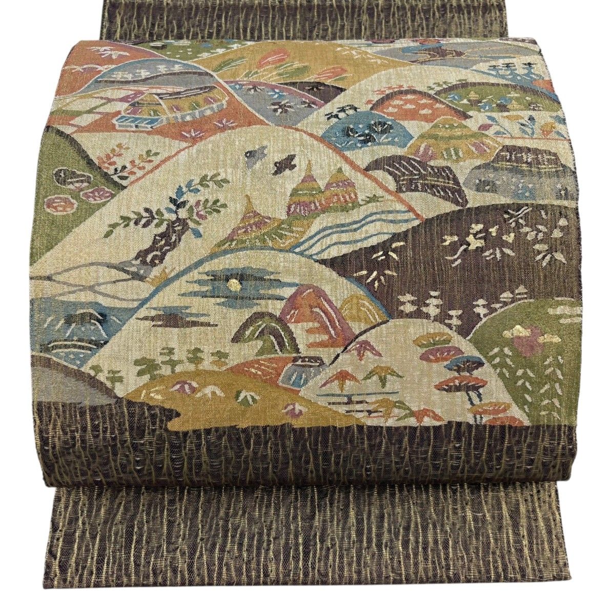 美品】 袋帯 秀品 家屋 山並み 金糸 箔 茶紫 お太鼓柄 正絹 【中古 