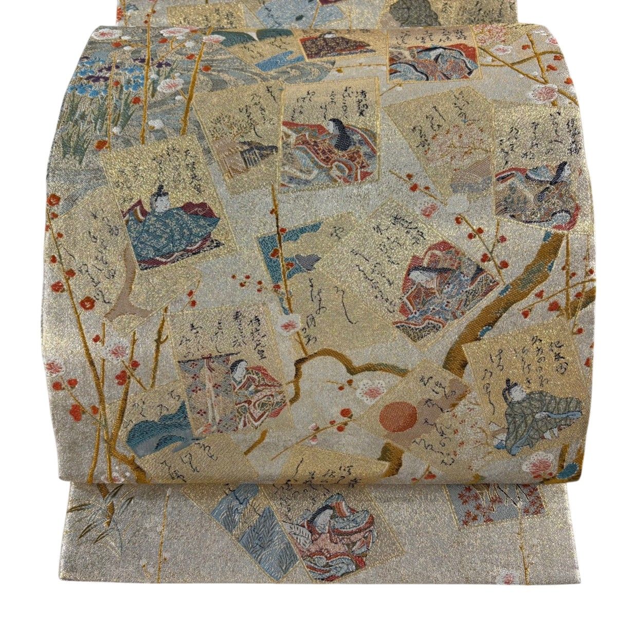 【美品】 丸帯 秀品 光琳かるた四季草花文 金糸 箔 銀色 お太鼓柄 正絹 【中古】