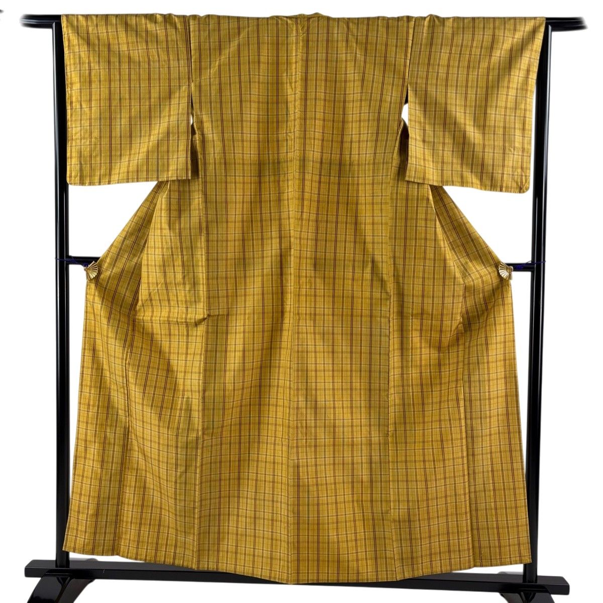 紬 身丈157.5cm 裄丈65cm M 単衣 格子 黄土色 正絹 秀品 【中古 