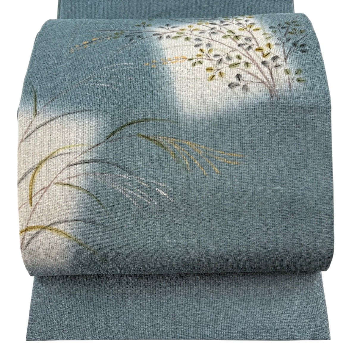 名古屋帯 秀品 落款あり 伊勢型染 花唐草 縮緬 青灰色 正絹｜中古 