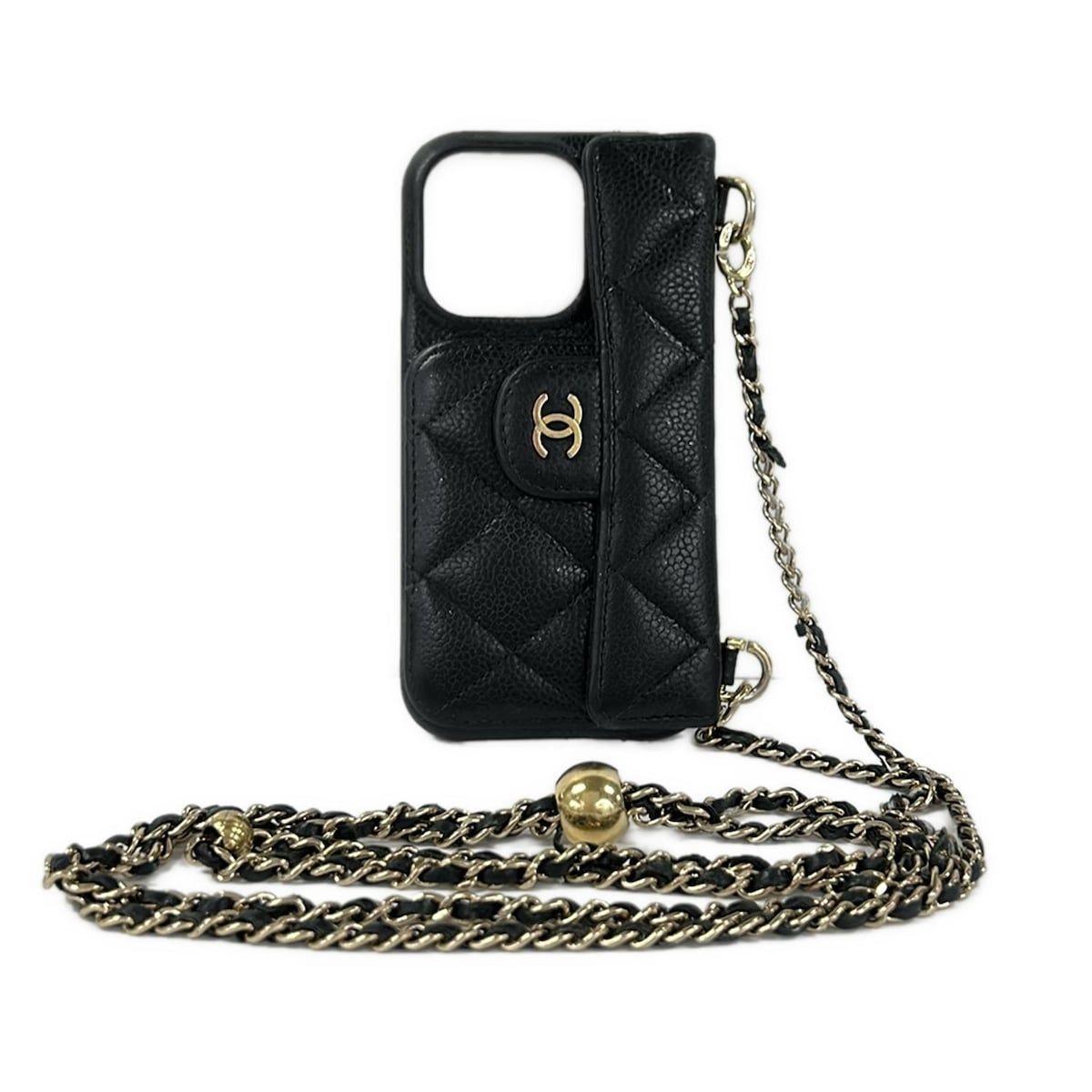 シャネル 携帯電話ケース マトラッセ 黒 スマホショルダー/iPhoneケース/ゴールド金具/ボールチェーンショルダー/ストラップ取り外し可