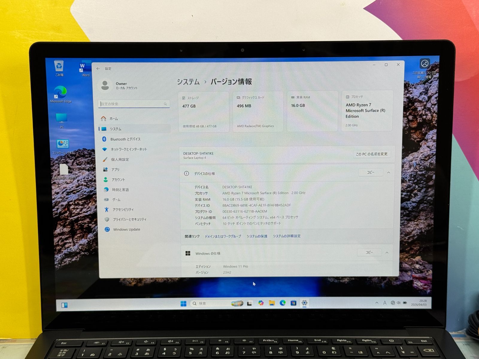 JC0382 Ryzen7 16GB 512GB Surface Laptop 4 1959 office2024
