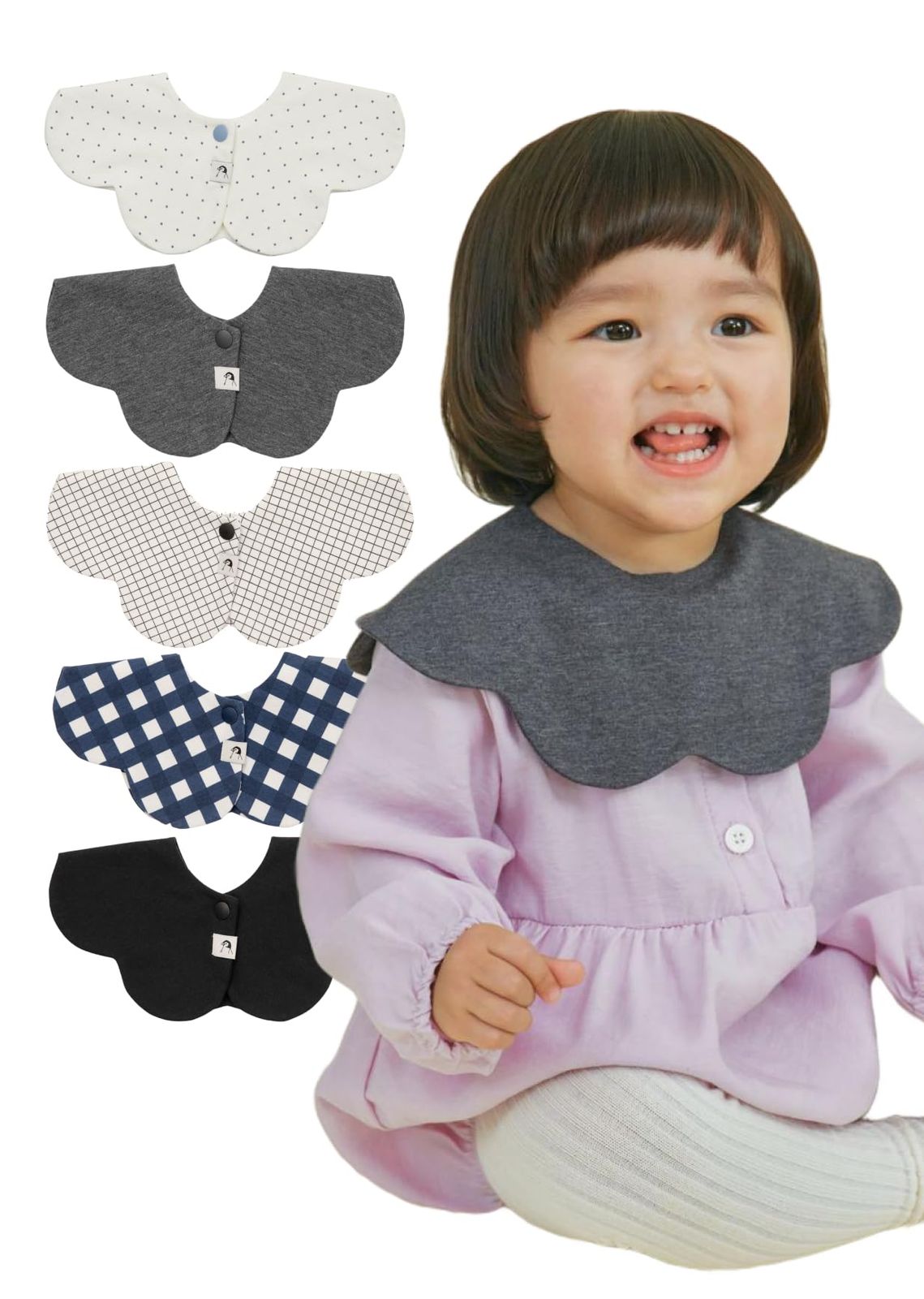 新品 [Konny] コニーベビースタイ セット Baby Bib 360°ローリング よだれかけ 吸収性・速乾性 シンプル 女の子 男の子 ベビーコーデ 出産祝い おしゃれ プレゼント 5枚-5(Black Charcoal Grid Navy Gin