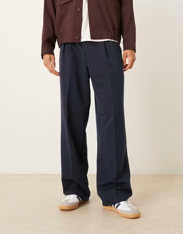 パンツ エイソス メンズ ボトムス カジュアルパンツ ワイドレッグ ASOS DESIGN smart wide leg pants with elastic waistband inverted pleat NAVY ネイビー