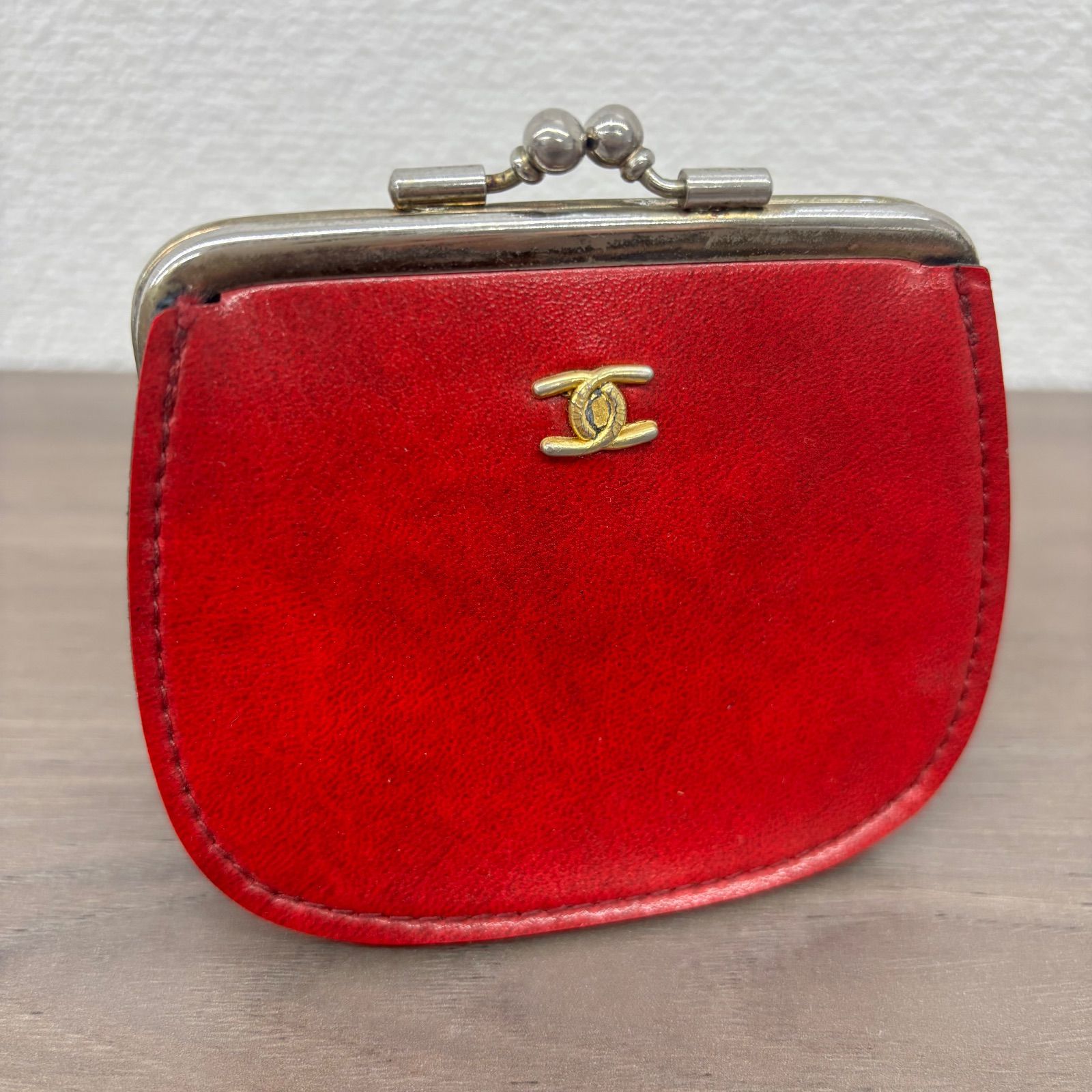 s）シャネル CHANEL ノベルティ がま口 財布 赤 レザー レディース