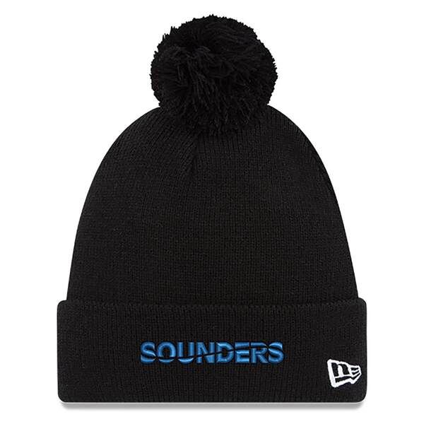ニューエラ メンズ アクセサリー 帽子 ニット Mens New Era Black Seattle Sounders FC Wordmark Pom Cuffed Knit Hat Black ブラック