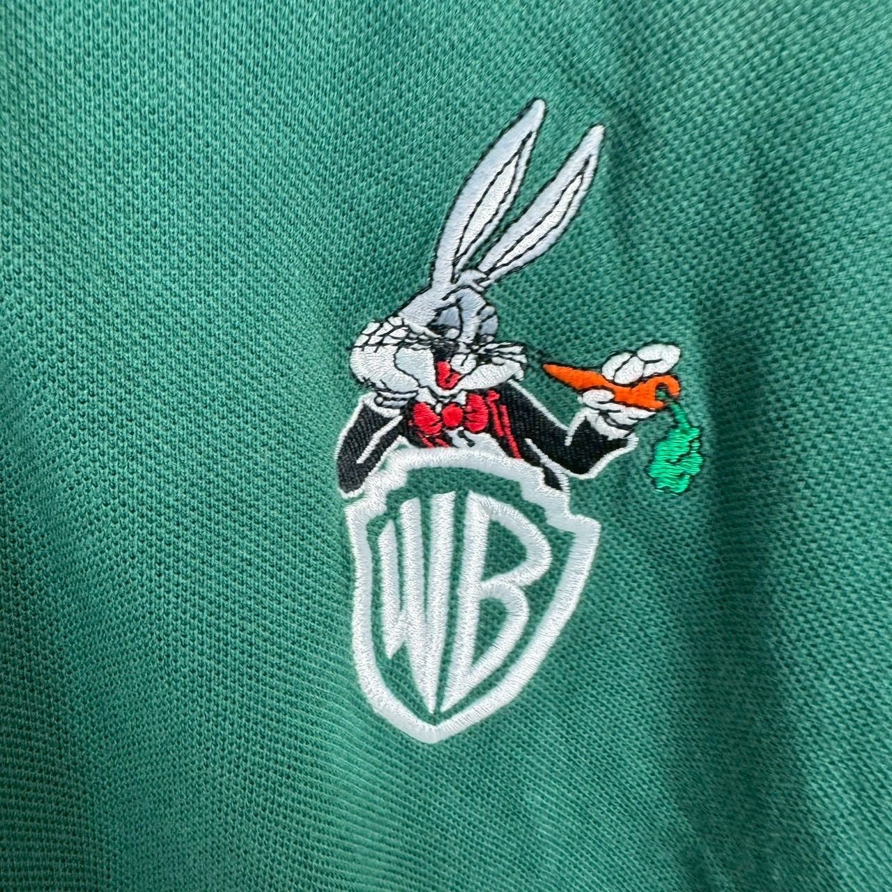 90s Warner Bros ワーナーブラザーズ ポロシャツ ロゴ刺繍 グリーン M 