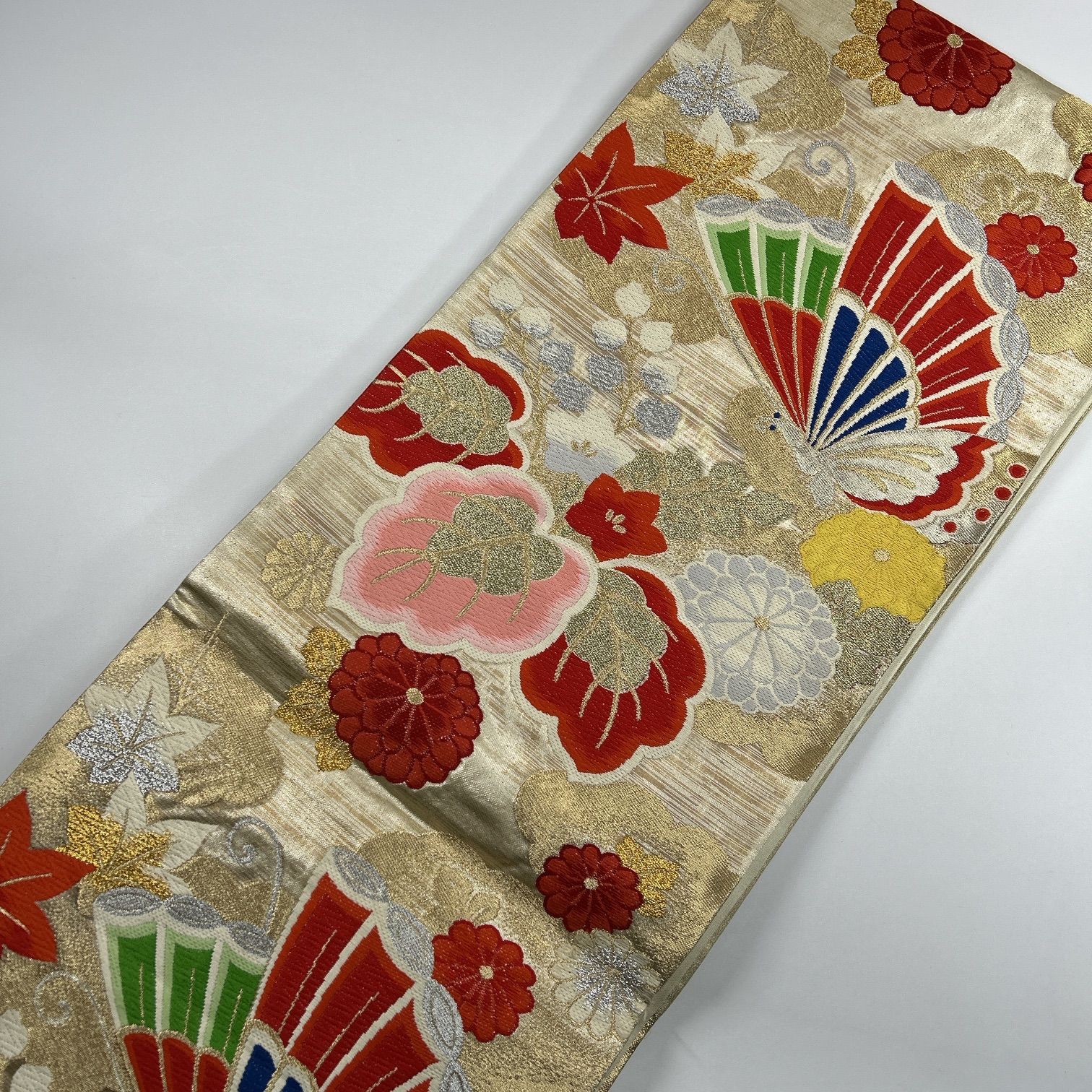 5k1721 袋帯 絹 夏帯 夏物 紗 金色 赤 青 ピンク 白 柄物 和装 夏帯