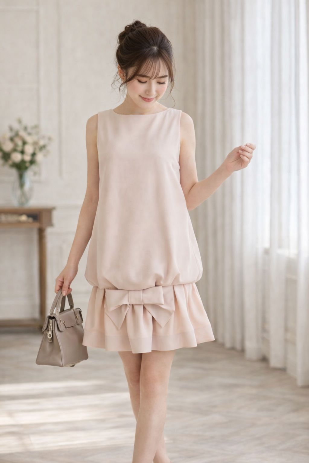 デイジーリンフォクシー ティアードワンピース ノースリーブ ベージュ 38 極美品】DASYLIN FOR FOXEY/デイジーリン for フォクシー リボン