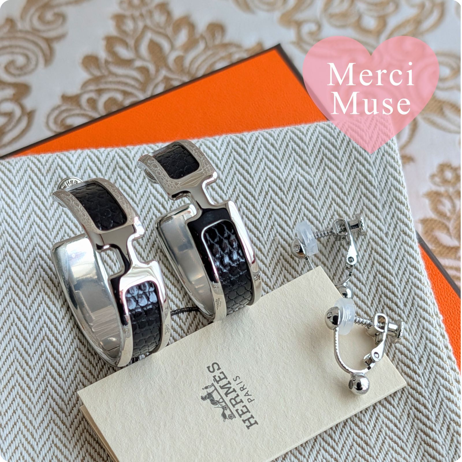 ❤未使用品❤オランプピアス リザード ブラックｘシルバー金具 エルメス イヤリングにもなる MerciMuse メルシーミューズ