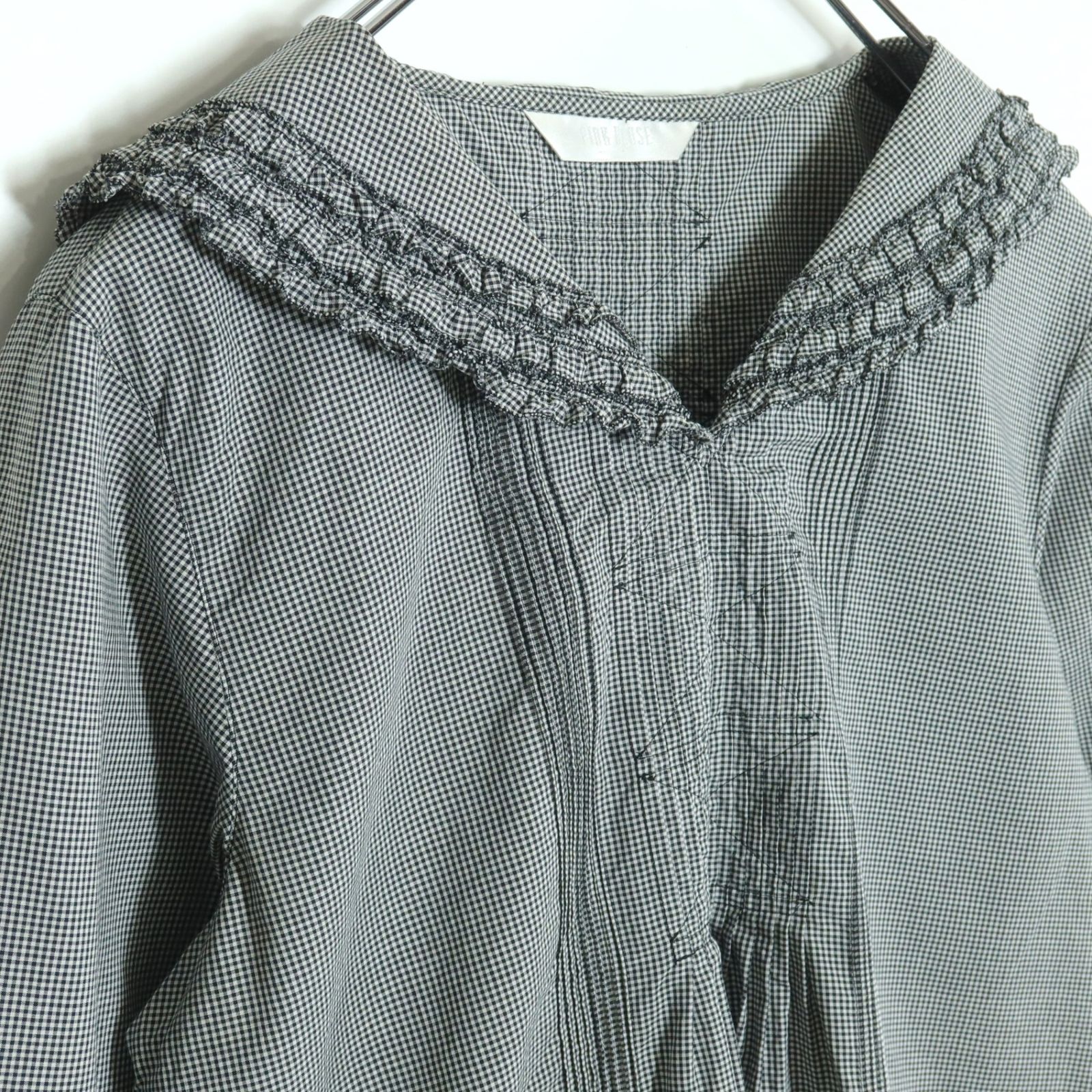 ピンクハウス★セーラーカラーが可愛い♪ ギンガムチェック柄長袖ブラウス 黒系 z18667 ピンクハウス☆セーラーカラーが可愛い♪ ギンガムチェック柄長袖