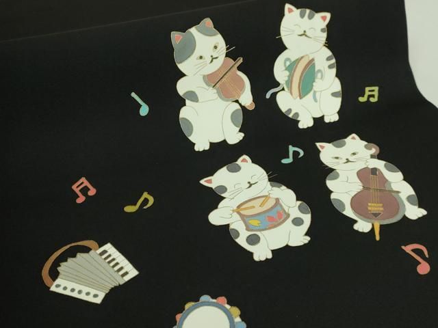 平和屋着物●極上　塩瀬　つけ帯　猫　ネコ　楽器　黒地　金彩　逸品　未使用　DZAB4799kh6 平和屋着物○極上 塩瀬 つけ帯 猫 ネコ 楽器 黒地 金彩 逸品 未使用