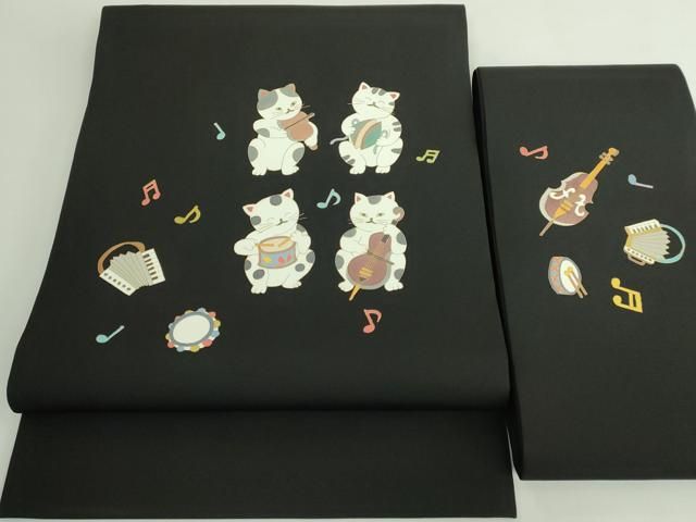 平和屋着物●極上　塩瀬　つけ帯　猫　ネコ　楽器　黒地　金彩　逸品　未使用　DZAB4799kh6 平和屋着物○極上 塩瀬 つけ帯 猫 ネコ 楽器 黒地 金彩 逸品 未使用