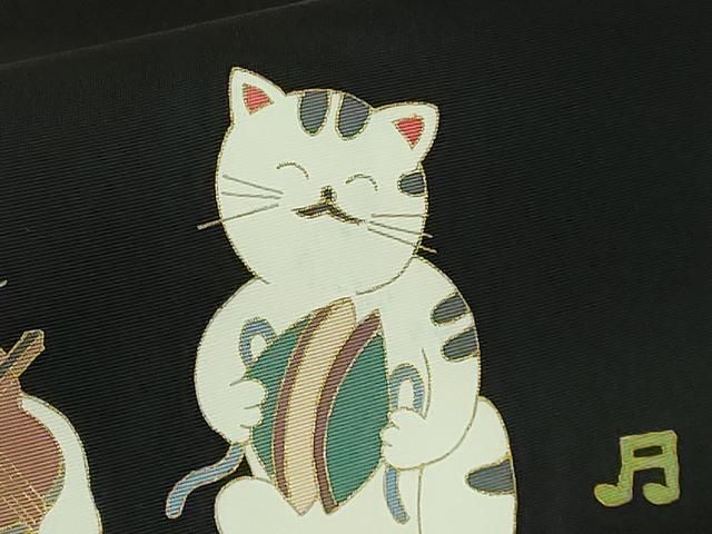 平和屋着物●極上　塩瀬　つけ帯　猫　ネコ　楽器　黒地　金彩　逸品　未使用　DZAB4799kh6 平和屋着物○極上 塩瀬 つけ帯 猫 ネコ 楽器 黒地 金彩 逸品 未使用