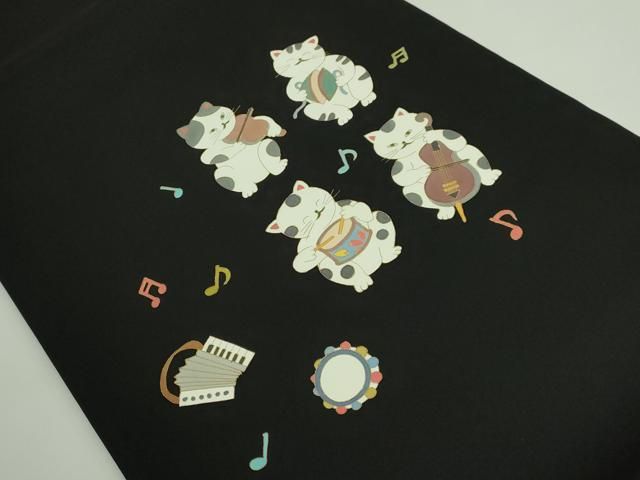 平和屋着物○極上 塩瀬 つけ帯 猫 ネコ 楽器 黒地 金彩 逸品 未使用