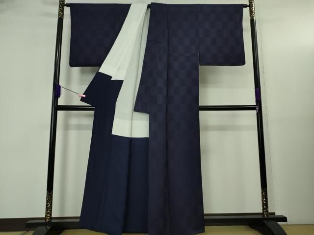 平和屋着物●極上　藍造り国選定無形文化財　藍師・佐藤昭人　阿波本藍染　色無地　市松地紋　認定証付き　逸品　DZAB5114kh6 平和屋着物○極上 藍造り国選定無形文化財 藍師・佐藤昭人 阿波本藍染