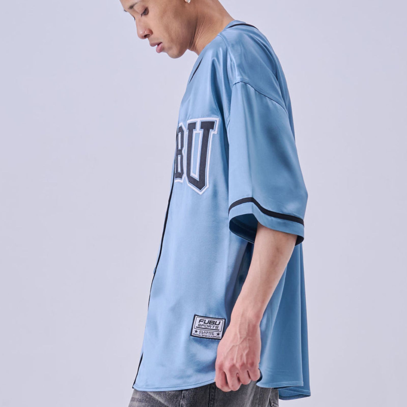 新作】【FUBU／フブ・サテンベースボールシャツ（ライトブルー
