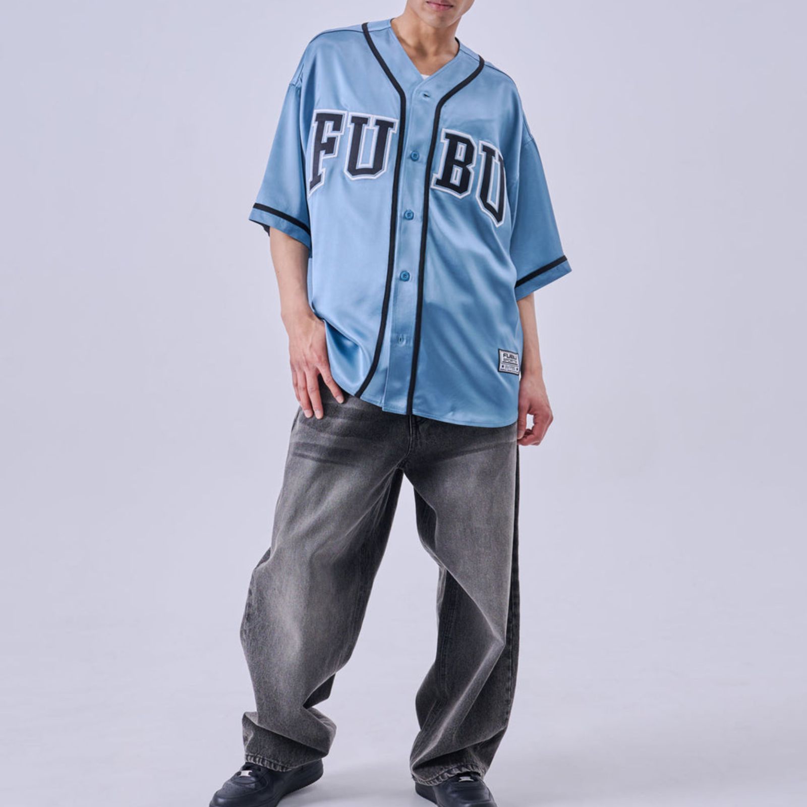新作】【FUBU／フブ・サテンベースボールシャツ（ライトブルー