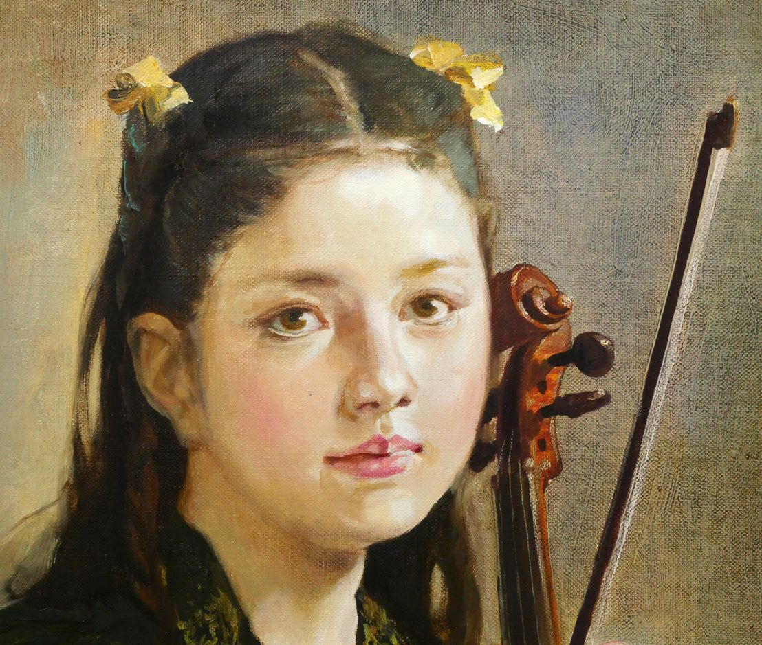 yoko様専用1 奥 龍之介「バイオリンの少女」油絵・F10号 小竹美術 真作
