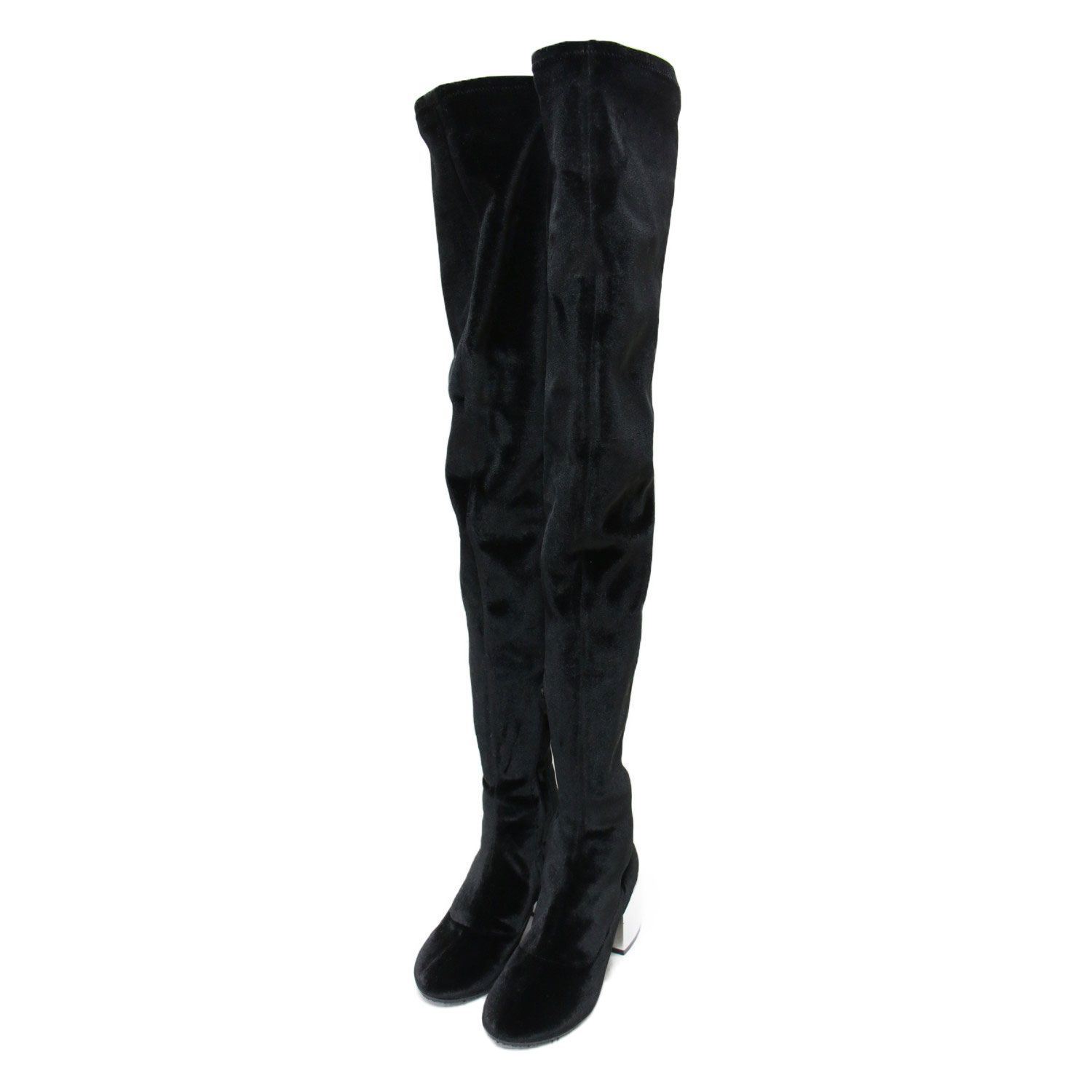 MM6 Maison Margiela Maison Margiela Boots Black Size: 37 (24.0cm) | Velour Silver Heel Thigh High Boots/Knee High Chunky Heel Stretch | Brand Shoes Shoes [Women's] [Used]