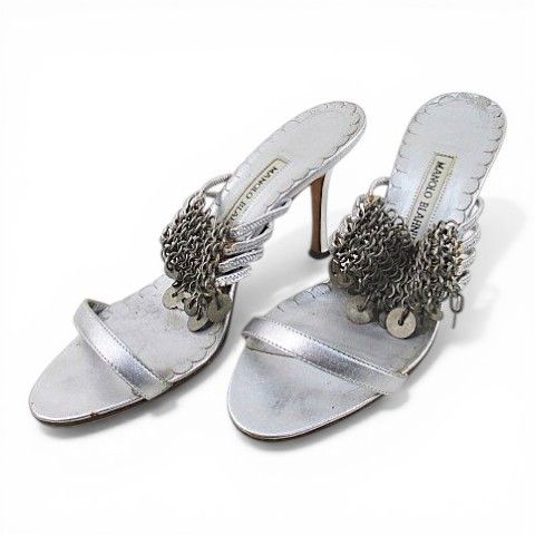 マノロブラニク MANOLO BLAHNIK ミュール サンダル シルバーチェーン 