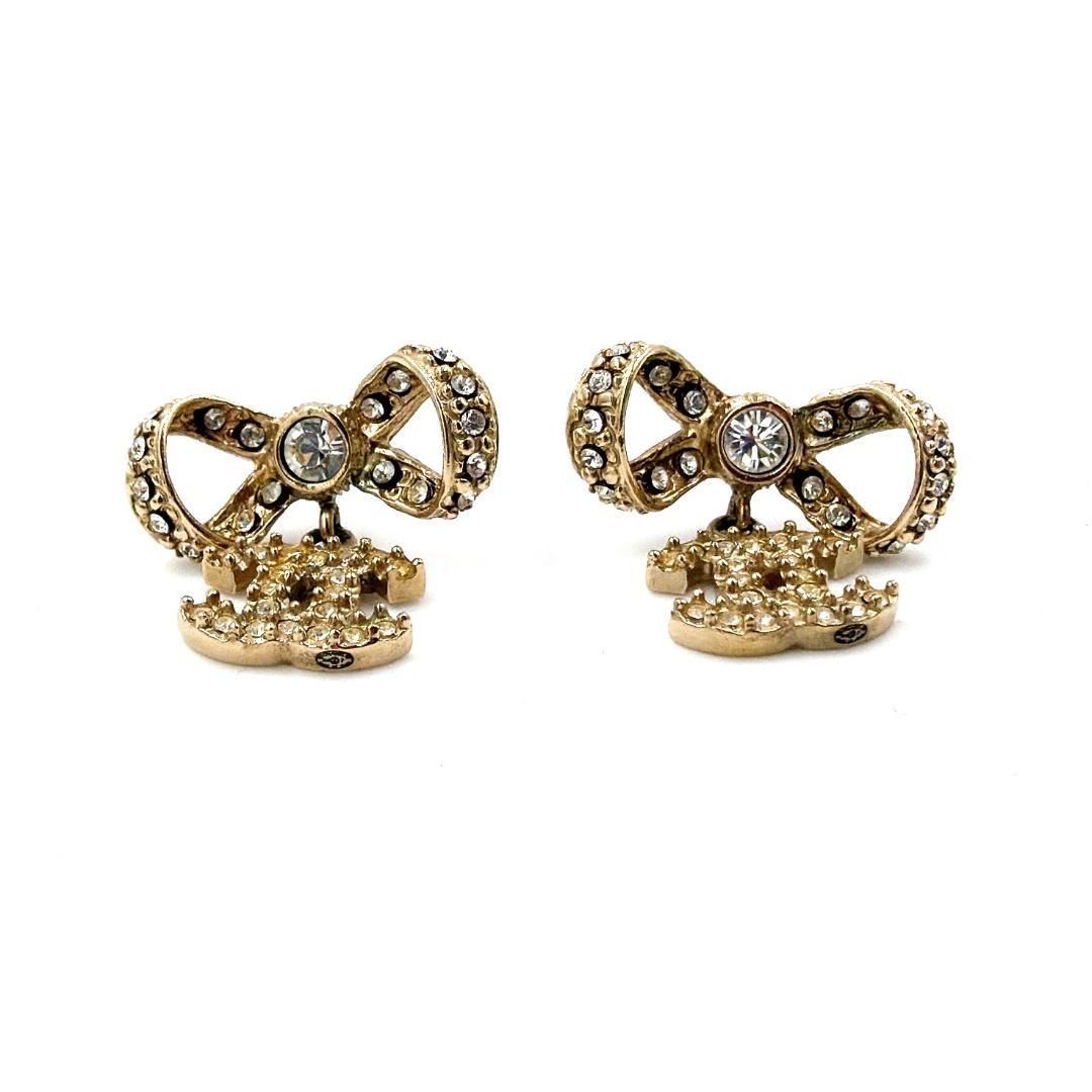 □美品□ CHANEL シャネル リボン ココマーク ピアス ラインストーン
