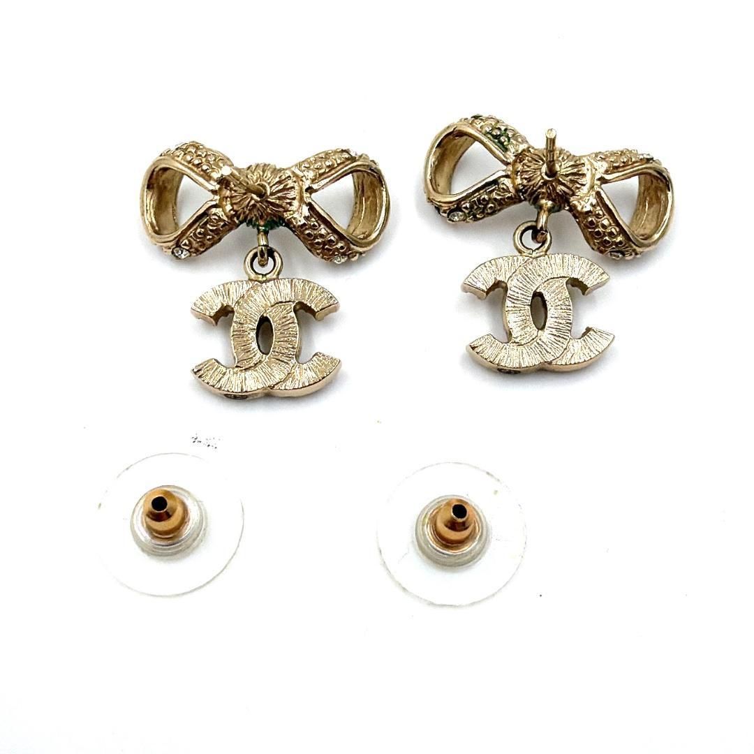 □美品□ CHANEL シャネル リボン ココマーク ピアス ラインストーン