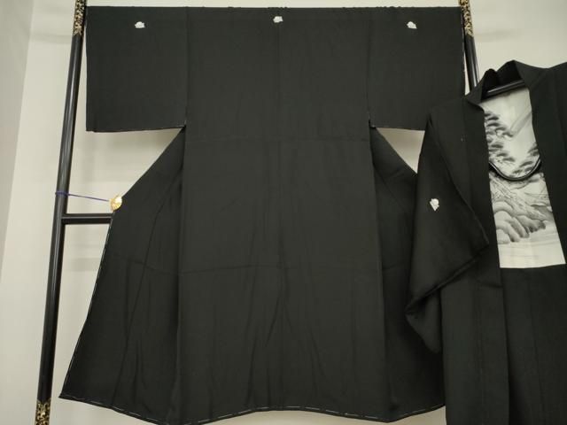 平和屋着物○男性 黒紋付 羽織セット 羽裏：風景文 正絹 逸品 未使用