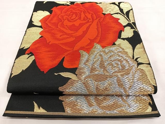 【美品】高級 袋帯 正絹 薔薇 バラ 小鳥 金銀糸 華やかモダン 長さ414cm 平和屋着物◎六通柄袋帯 唐織 薔薇 黒地 金銀糸 正絹 逸品 BAAX0133qw