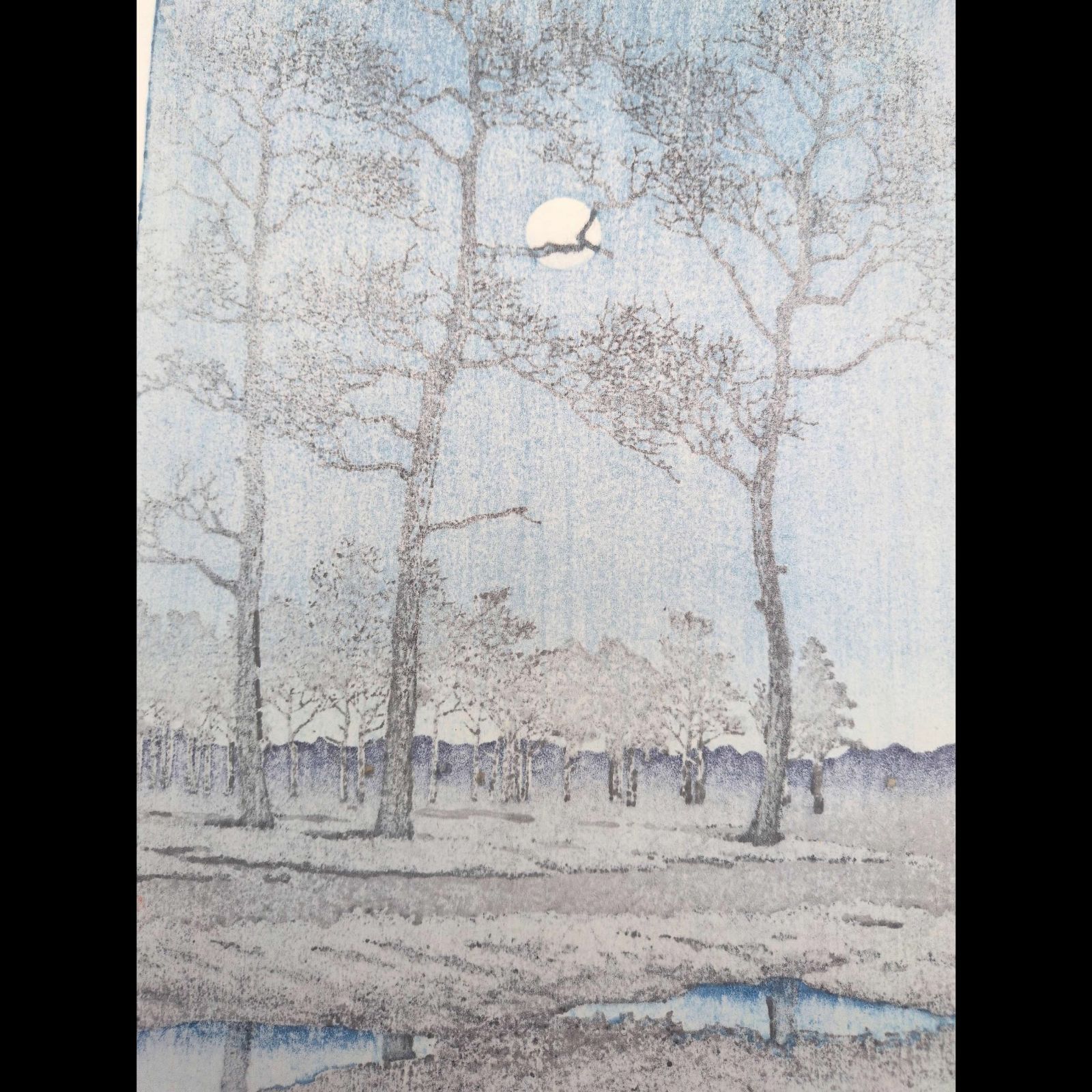 真作】後摺り木版画 川瀬巴水 1931年 「冬の月 戸山ガ原」 後摺り木