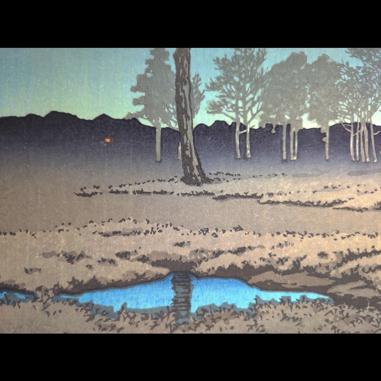 真作】後摺り木版画 川瀬巴水 1931年 「冬の月 戸山ガ原」 後摺り木