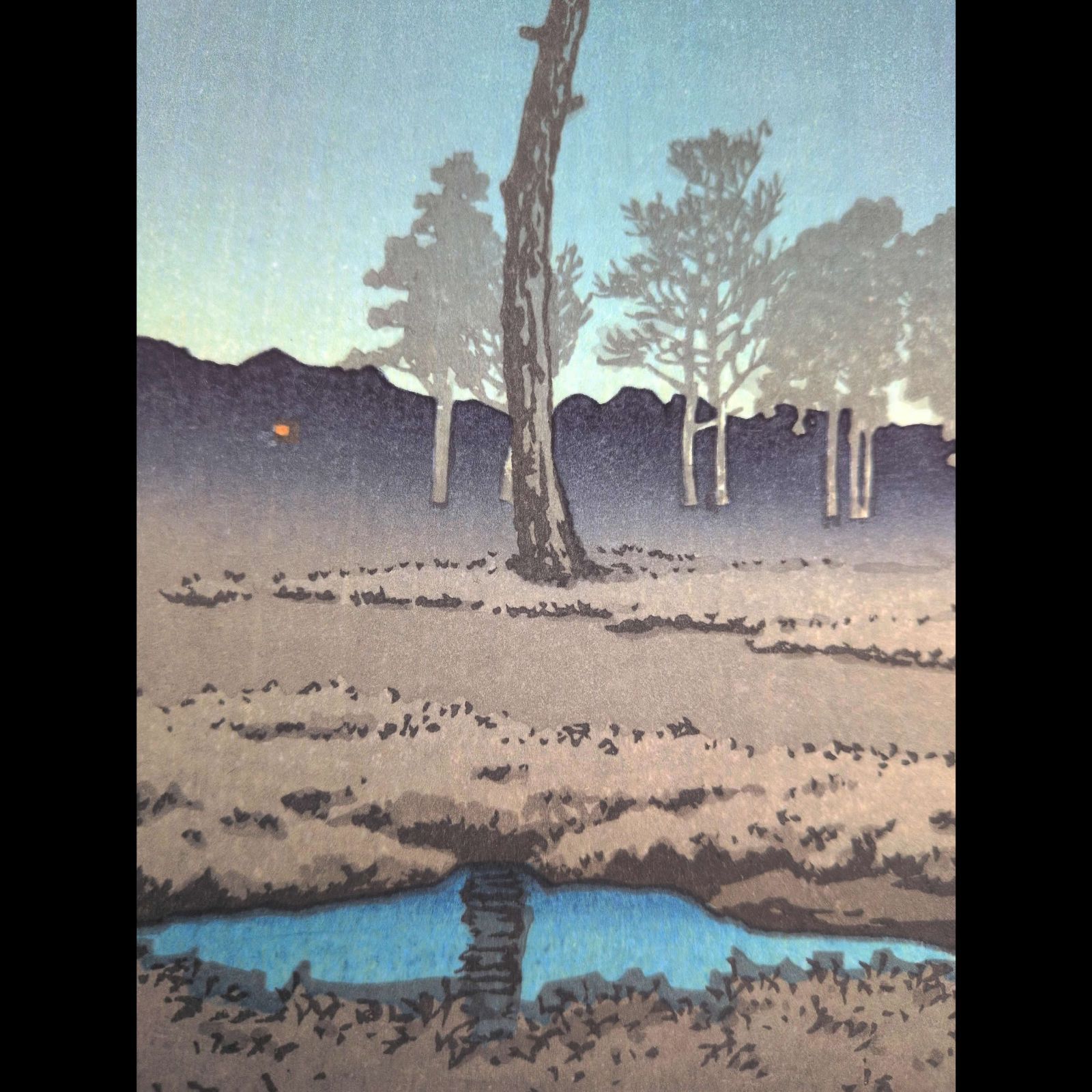 【真作】後摺り木版画　川瀬巴水 　1931年　「冬の月　戸山ガ原」 後摺り木版画 真作】後摺り木版画 川瀬巴水 1931年 「冬の月 戸山ガ原」 後摺り木