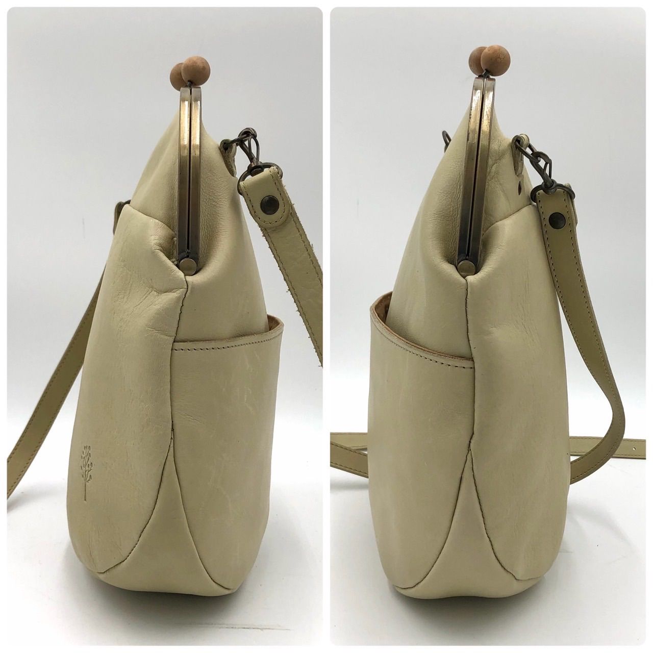 kanmi. カンミ がま口 ショルダーバッグ レザー 本革 ベージュ 中古品 