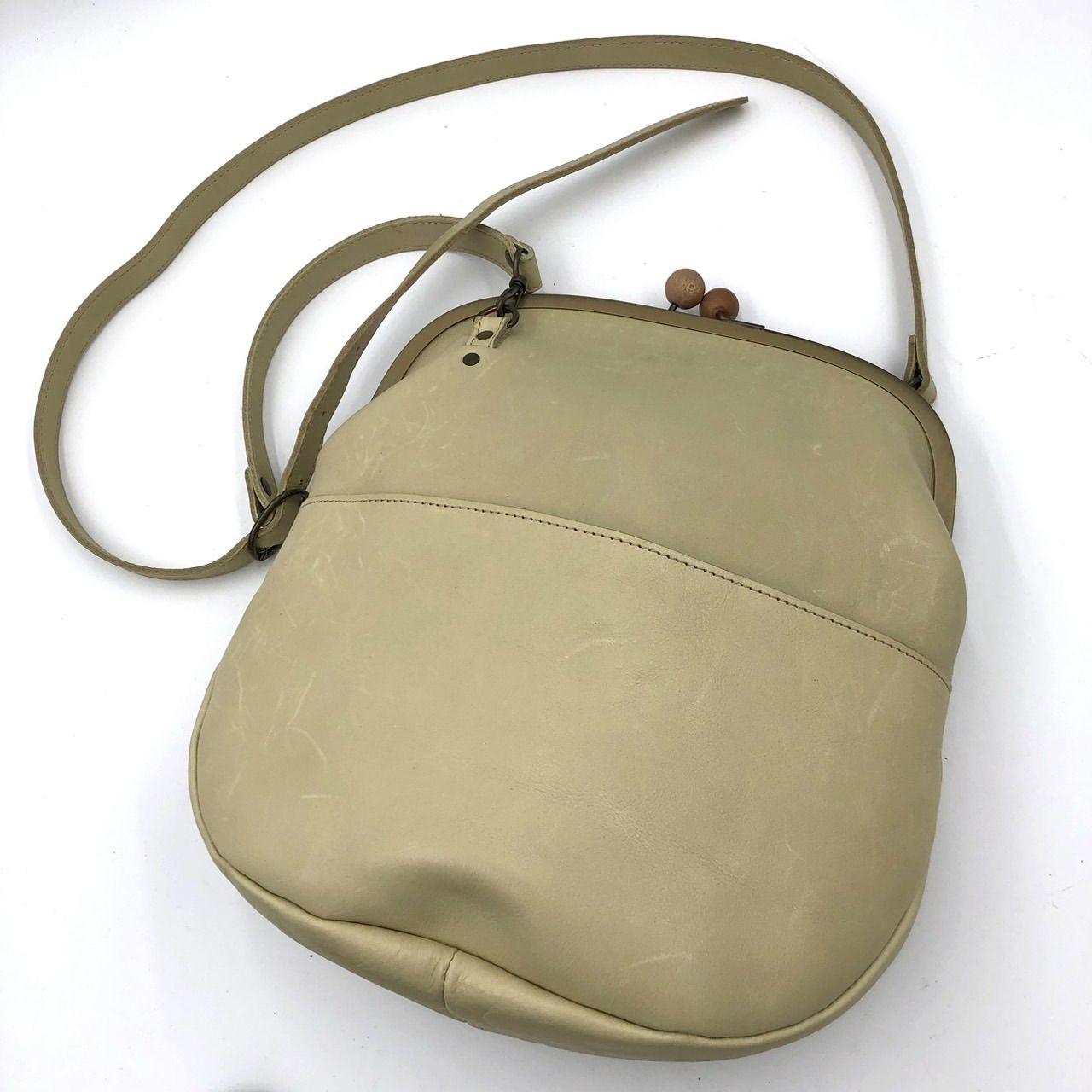 kanmi. カンミ がま口 ショルダーバッグ レザー 本革 ベージュ 中古品 