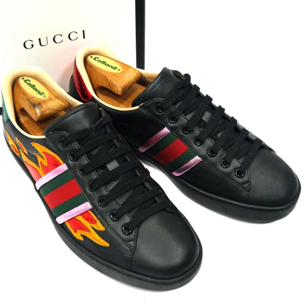 グッチ 440724 ACE ファイヤーモチーフレザースニーカー 9 美品 定価105,600円◇GUCCI グッチ Ace Flame スニーカー ファイヤー