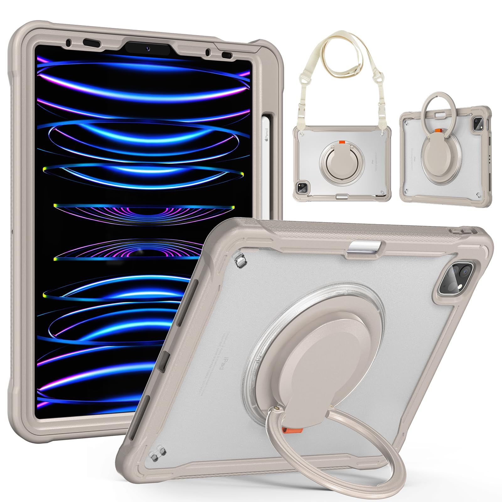 新品 GOOVEN iPad Pro 13インチM5 2025/ 2024 M4 専用型ケース 360°回転リング 背面カバー 肩掛け 半透明ケース 調節可能 ショルダーストラップ付き 薄型 軽量 ペンホルダー付き，カーキ