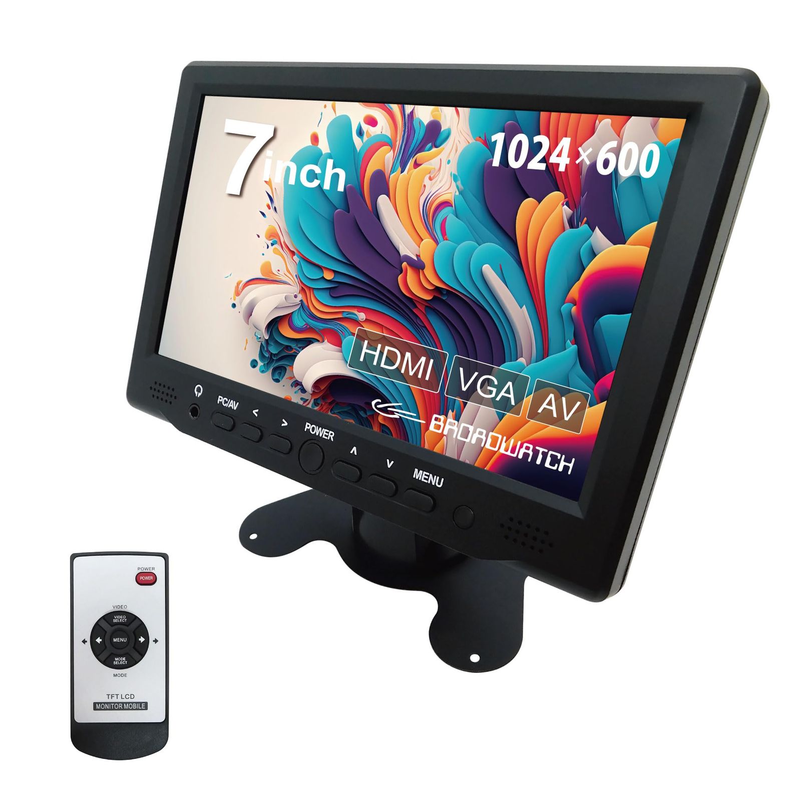 新品 Broadwatch 7インチ LCDモニター HDMI VGA AV対応 防犯 監視 車載用 スピーカー内蔵 カメラ2台まで接続可能 リモコン・スタンド付き （7インチ/カメラ接続2台）