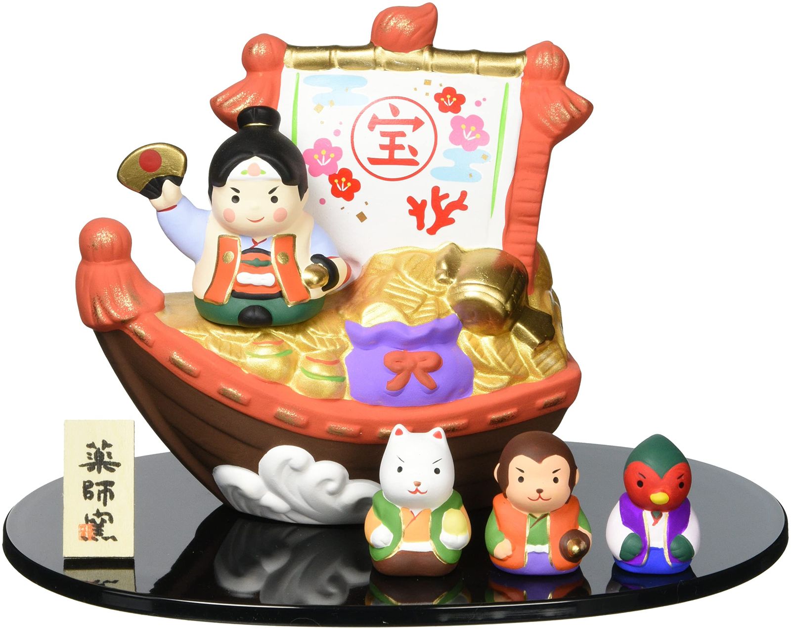 新品 [薬師窯] 五月人形 日本製 端午の節句 ミニ コンパクト 手のひらサイズ 陶器 錦彩 宝船飾り(桃太郎)