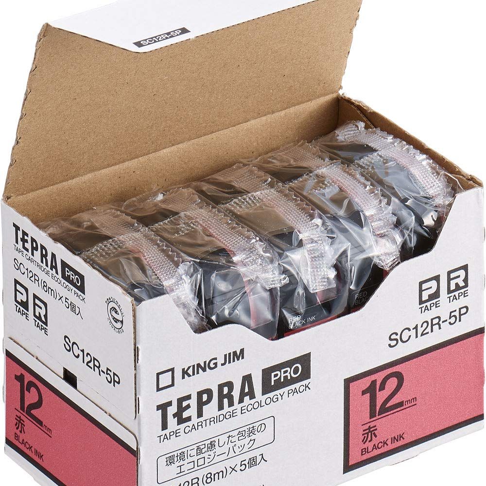 新品 キングジム 【純正】 テプラPROテープカートリッジ エコパック5個入 12mm 赤ラベル/黒文字 長さ8m SC12R-5P