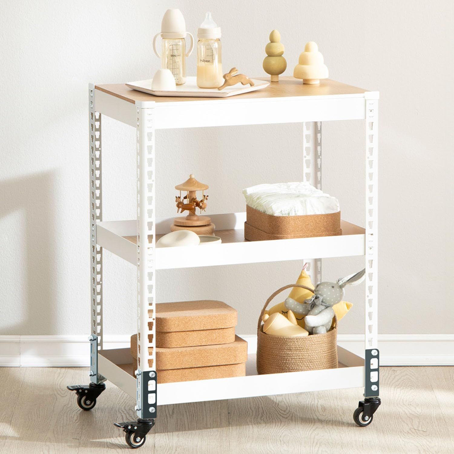 新品 メタル&ウッドラック(Metal&Wood Rack) ラック 棚 3段 中型キャスター付き 頑丈 耐荷重70kg 【シェルフ・キャスターセット】 幅61×奥行41×高さ97.5cm 組立品 ホワイト 白 MK-AKT23NCAWH