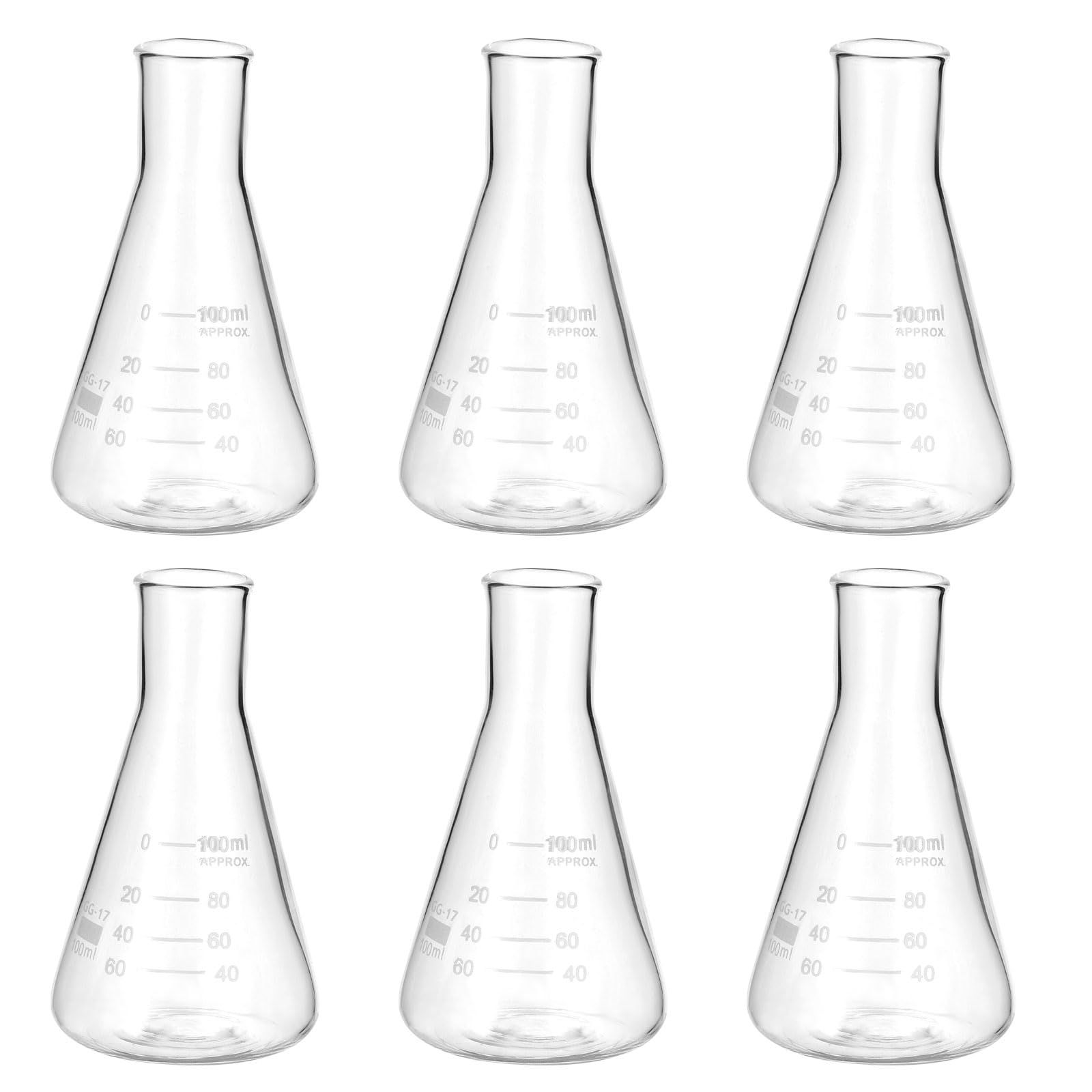 新品 PATIKIL 三角フラスコ 6個セット 100ml 3.4oz 細口 目盛付き ホウケイ酸ガラス 実験 化学 科学 研究用
