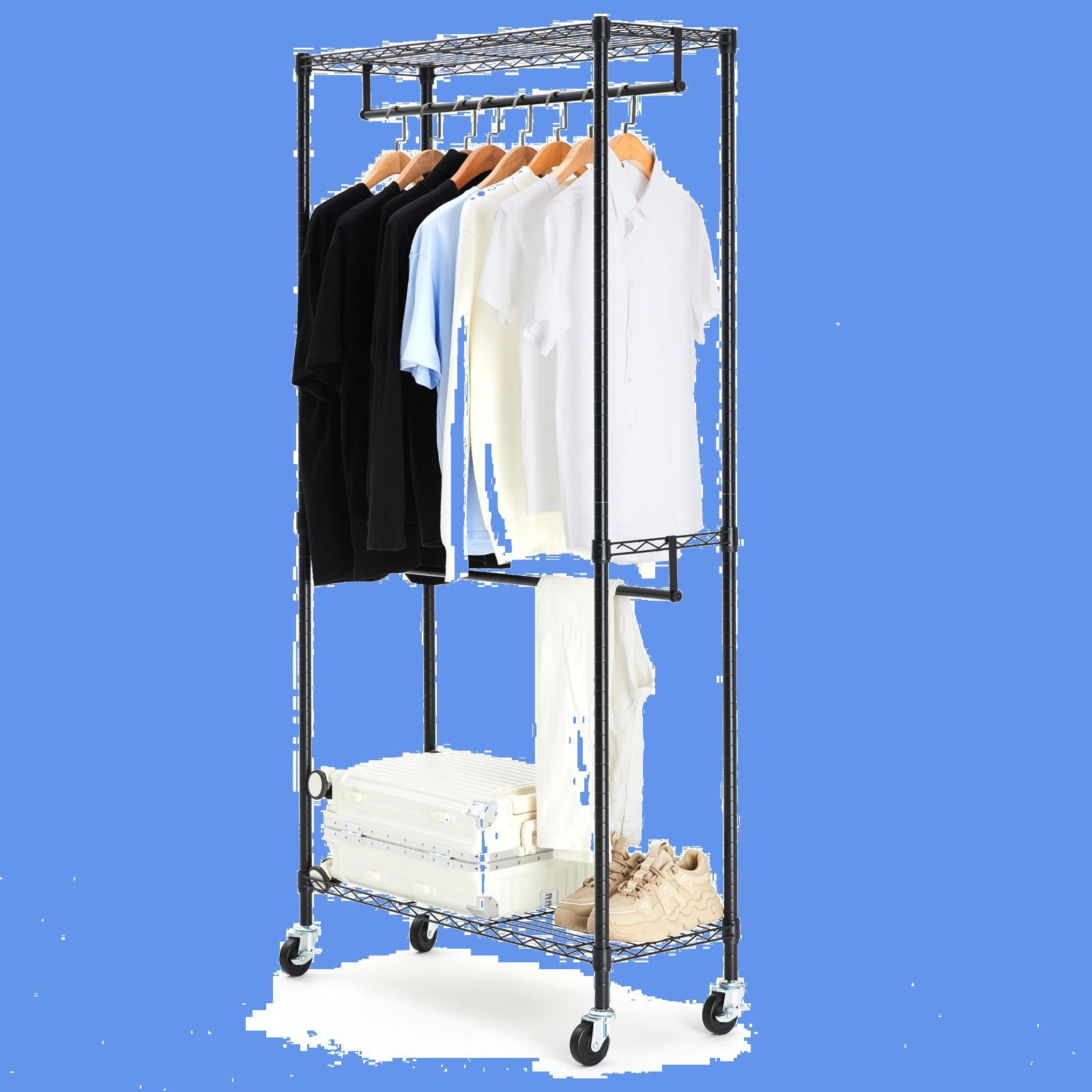 洋服ラック 耐荷重181kg 2段 頑丈 キャスター付き 棚付き 耐荷重181kg ハンガーラック 幅91.4 x 奥行35.6 x ベーシック 高さ182.9 cm ブラック