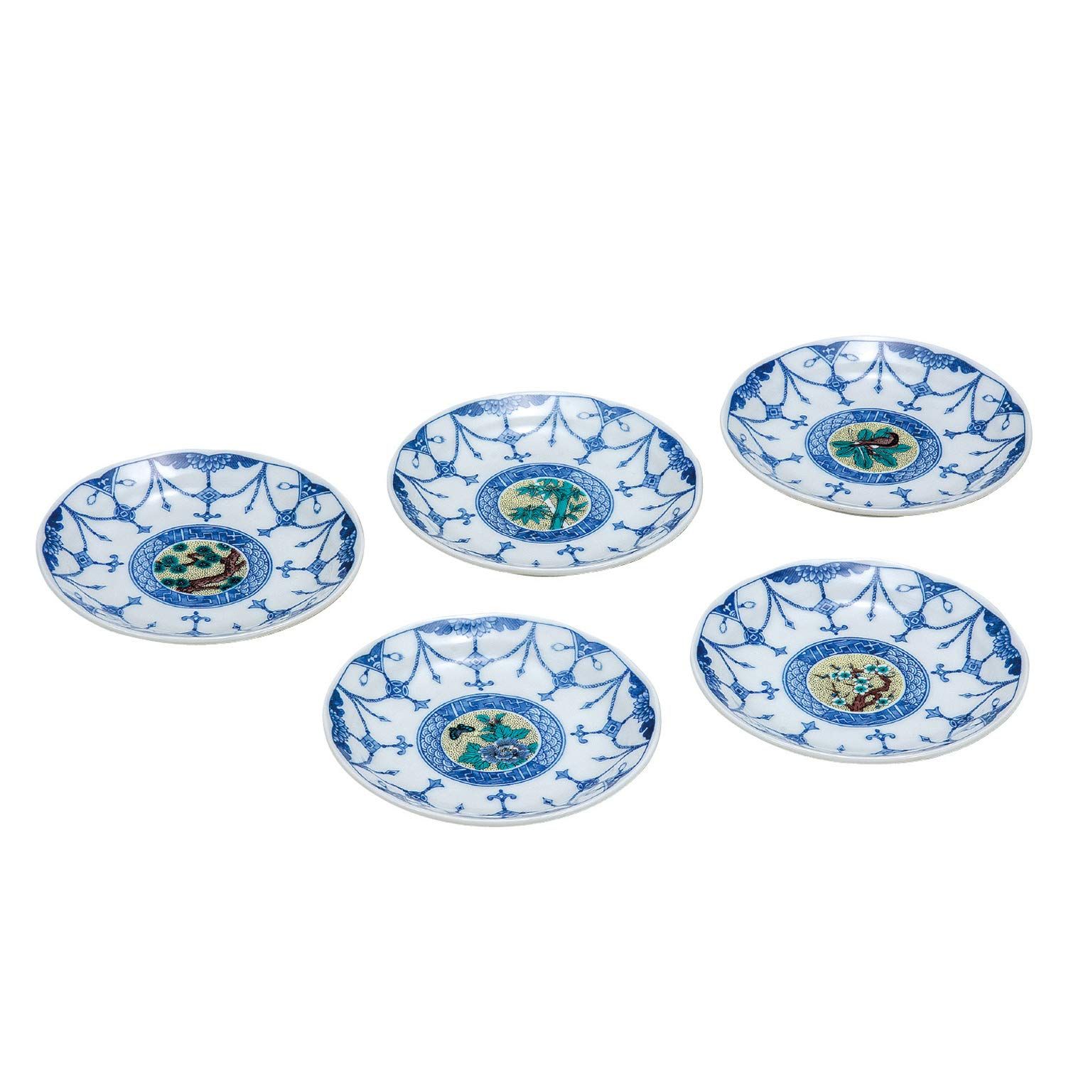 新品 九谷焼 4.5号皿 揃 吉田屋絵変り K9-50